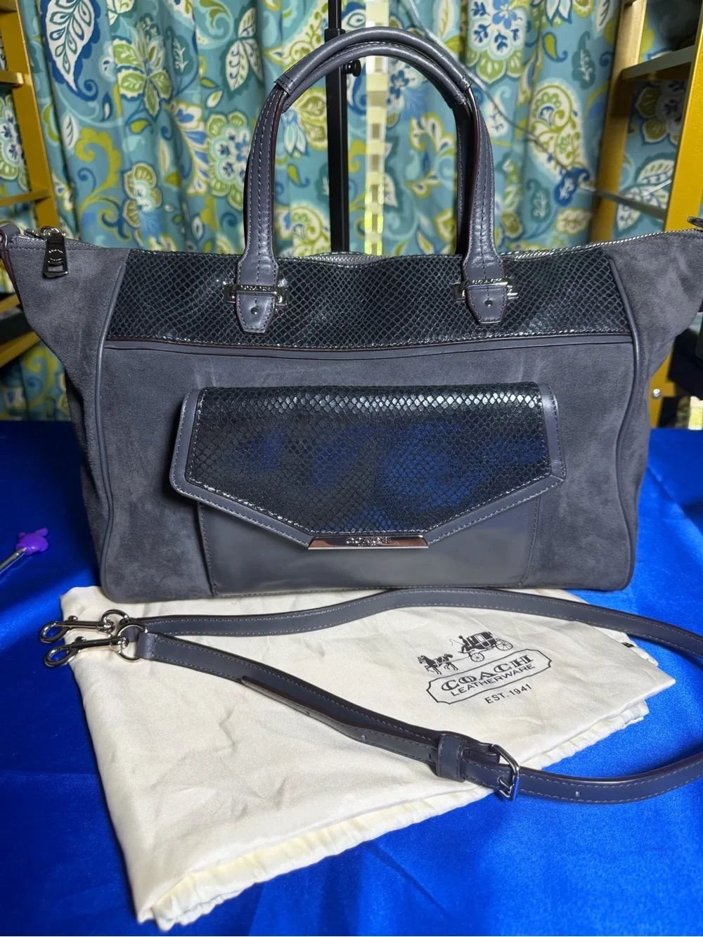 COACH Taylor Tote Charcoal Grey with Snakeskin Leather & Suede Bag